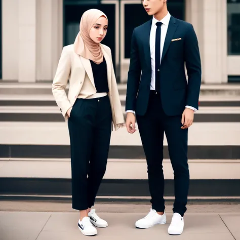 Girl with cream hijab standing with her boyfriend with black suit and vans shoes