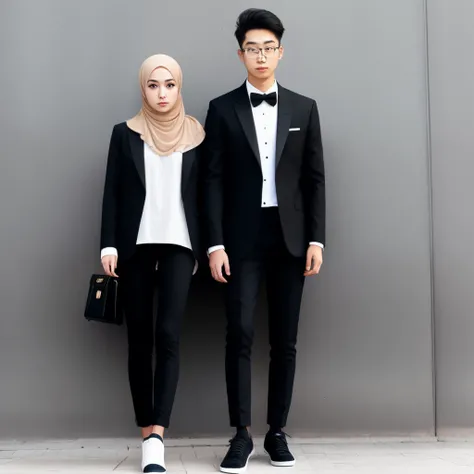 Girl with cream hijab standing with her boyfriend with black suit and vans shoes