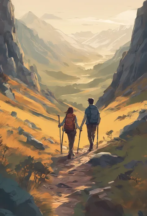 a young man and a woman，Go hiking， hillside，Hold hands ，One trekking pole per person，Help each other climb mountains