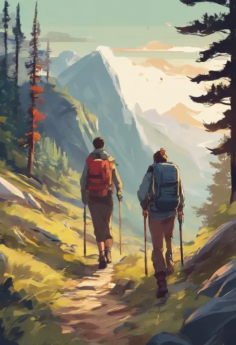 a young man and a woman，Go hiking， hillside，Hold hands ，One trekking pole per person，Help each other climb mountains