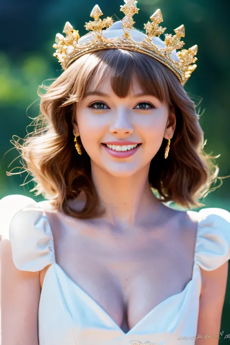 Best Shots，high-definition picture,Taylor Swift,Beautiful redhead woman (Wearing a crown), (Houdini, VFX, with a beautifull smile,Beautiful, 4K ),   white gown and red satin dress，