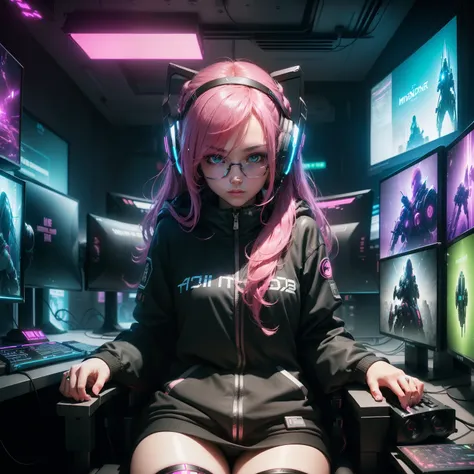 ((Masterpiece)), (((Best Quality)))), ((Illustration)), (Depth of Field: 1.2),Solo,Dynamic Angle,1 Girl,Hacker Beautiful 15 Years Old medium skin colored Girl, Indoors, Room, Dim Room, Sci-Fi, Neon, Neon Lights, Cyberpunk, Computer Room, Gaming Headphones,...