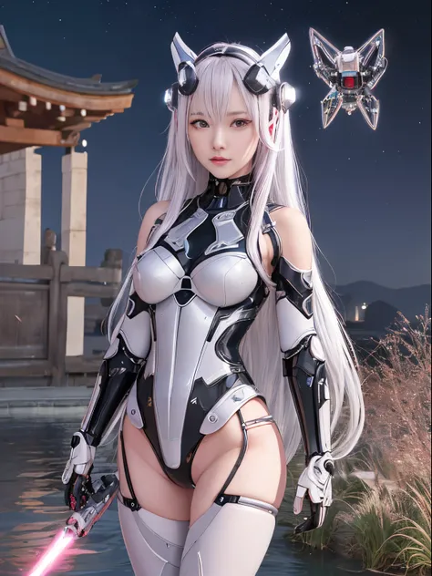 cowboy shot, caustics,reflection,ray tracing,demontheme,nebula,dark aura,cyber effect, (1girl:1.4),a girl 17 years old,solo,alone, pink silver robotic body, mecha musume,mechanical parts, robot joints,single mechanical arm, headgear, mechanical halo,star h...