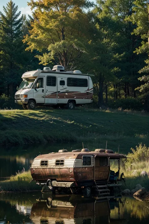 masterpiece, concept art, fantasy theme, (fantasy RV vehicle:1.2), cozy, camping, campfire, vibrant color, fantasy mythical ancient ruins background, water, wild nature, volumetric lighting, global illumination, reflection, HD