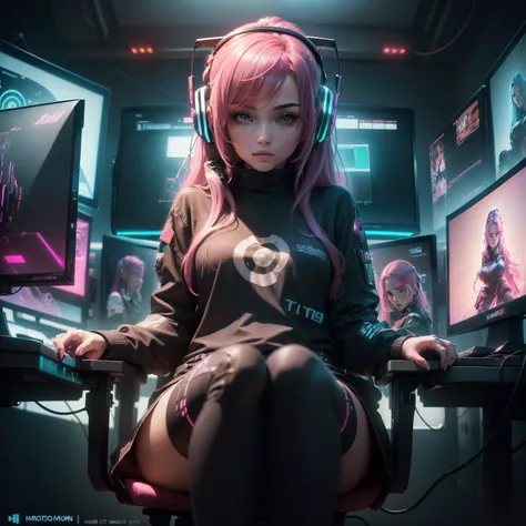 ((Masterpiece)), (((Best Quality)))), ((Illustration)), (Depth of Field: 1.2),Solo,Dynamic Angle,1 Girl,Hacker Beautiful 15 Years Old medium skin colored Girl, Indoors, Room, Dim Room, Sci-Fi, Neon, Neon Lights, Cyberpunk, Computer Room, Gaming Headphones,...