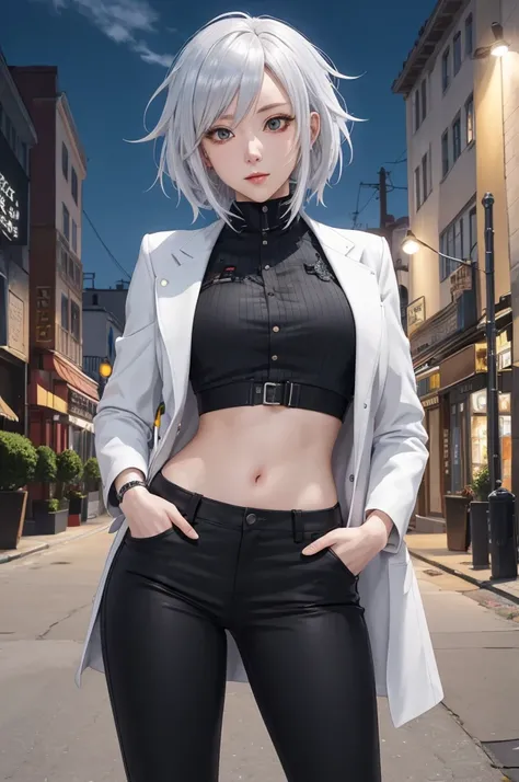 a woman in black pants and a white jacket standing on a street, female anime character, single character full body, seductive anime girl, anime full body illustration, girls frontline style, anime character, attractive anime girl, anime vtuber full body mo...