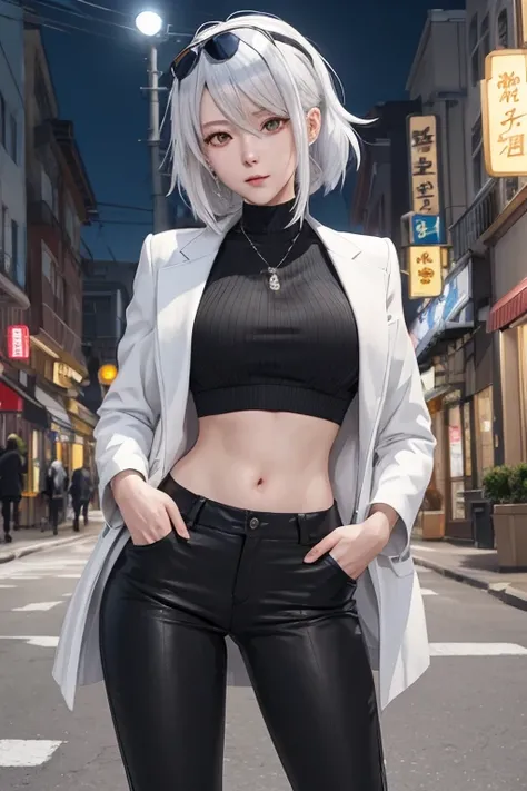 a woman in black pants and a white jacket standing on a street, female anime character, single character full body, seductive anime girl, anime full body illustration, girls frontline style, anime character, attractive anime girl, anime vtuber full body mo...