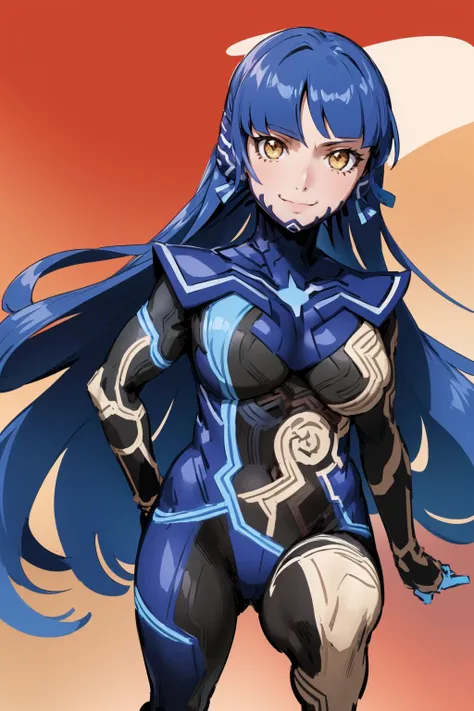 (masterpiece, best quality:1.2),full body, solo, female focus, 1girl, femenine, nahobino, smile, closed mouth, looking at viewer, arms at side, armor, bodysuit, medium breast, standing