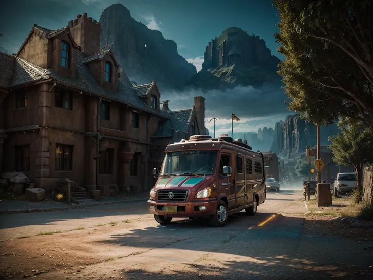 masterpiece, concept art, fantasy theme, (fantasy RV vehicle:1.2), cozy, vibrant color, fantasy mythical ancient city background, volumetric lighting, global illumination, HD