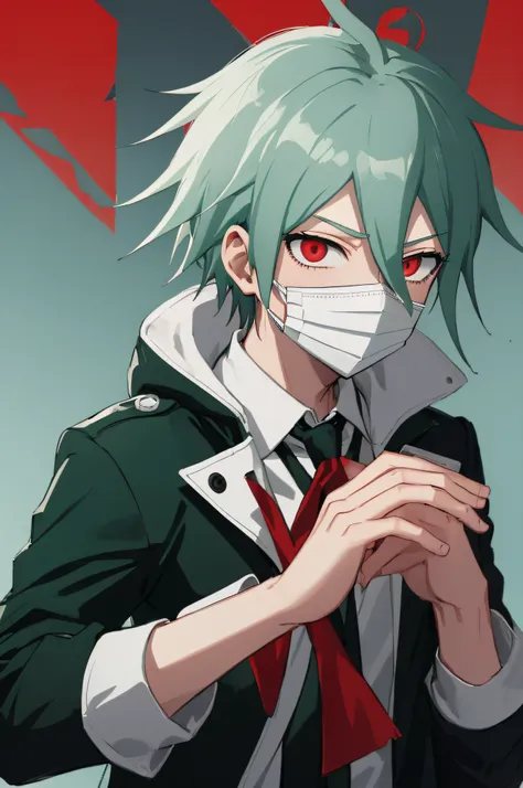 boy, grey fading into seafoam green hair, red eyes, black jacket, red scarf, face mask, solo, hands in pockets, danganronpa, mal...