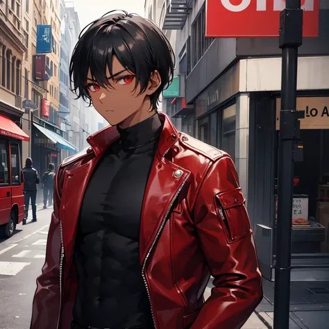 1boy, detailed face, detailed eyes, dark-skinned male, black hair, short hair, red eyes, serious, red jacket, leather jacket, black turtleneck, black jeans, (muscular male:1.3), full body, outdoors, street