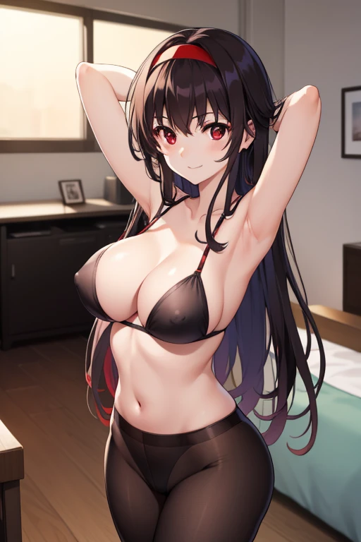 kasumigaokautaha, utaha kasumigaoka, black hair, hairband, long hair, (red eyes:1.5), masterpiece, best quality, highres, full body, full pose, kasumigaoka utaha, 1girl, solo, smile, ((standing)), looking back, ass, medium breasts, blushing, black hair, ha...