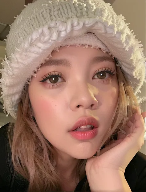 puffy woman with white hat and red lipstick posing for a photo, lalisa do blackpink, lalisa do Blackpink, lalisa blackpink, Retrato de lalisa de Blackpink, Jimin/labios rechonchudos, Pokimane, Jimins right eyelid swollen, Dom Yunjoo, sem maquiagem, Cl, Lal...