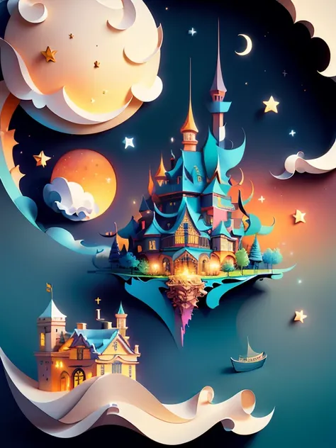 (((masterpiece))),best quality, illustration,  sky, cloud, water, star (symbol), tree, no humans, night, bird, moon, building, star (sky), night sky, scenery, starry sky, watercraft, castle, ship, waves, tower, boat. vibrant color scheme, Soft light,(warm ...