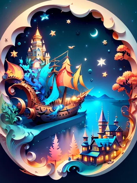 (((masterpiece))),best quality, illustration,  sky, cloud, water, star (symbol), tree, no humans, night, bird, moon, building, star (sky), night sky, scenery, starry sky, watercraft, castle, ship, waves, tower, boat. vibrant color scheme, Soft light,(warm ...