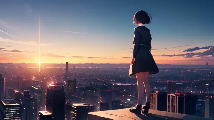 girl with,Full body,(Beautifully Aesthetic:1.2),short-cut,shining sky,Distant horizon,Vast city,Staring,Light Effects,long view