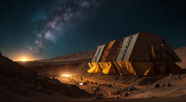 On Mars, a huge, cutting-edge mining excavation machine is at work. Metallic luster texture, mineral conveyor belt, and mining personnel are distributed on the Martian ground. Bright picture, different machines, starry sky, daytime, digging into large mech...