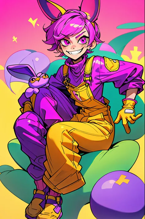 kpop boy wearing a soft purple turtle neck outfit, sit pose, poser, with a pink fuchsia-colored overalls , yellow gloves, purple rabbit ear, smirk rizz face with teeth, attractive pose cannot be ressist