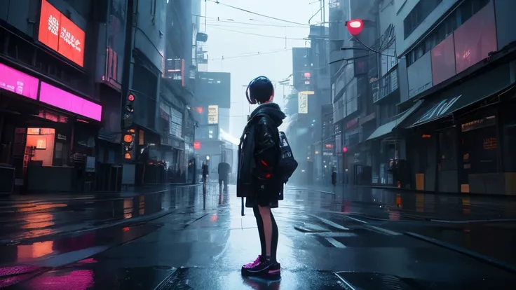 Full body,(Beautifully Aesthetic:1.2),masutepiece, girl with, short-cut,headphones, Street, plein air, Rain, neons, Cyberpunk City, neon light,long view,Standing Picture,look up to