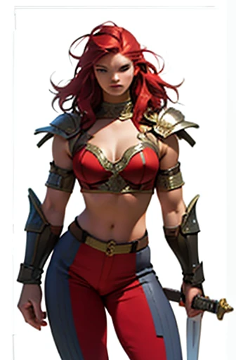 Art inspired by John Buscema’s stroke. 1girl enjinight, solo, red armor, sword, wide hips , barbarian_woman armor, armor, anime style, portrayed in a detailed and perfect manner.