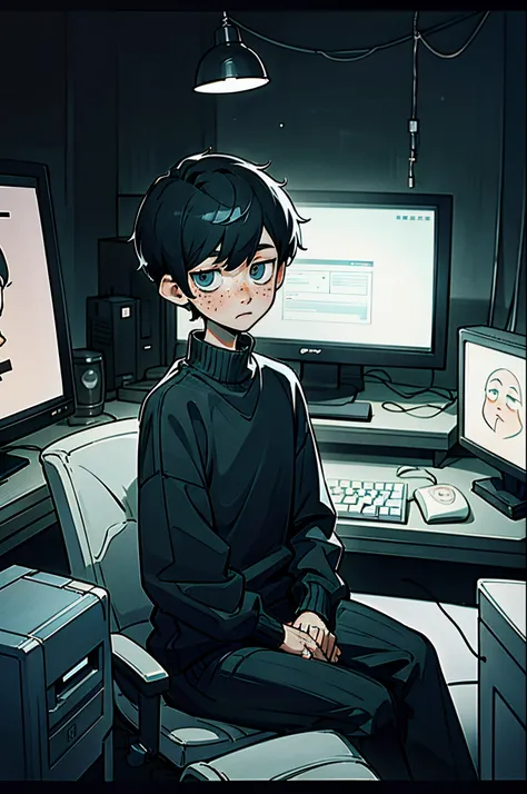 kpop boy, lamp black short hair, in black cool sweater outfit, freckles, sitting in front of computer, inside a dark room, chill lofi, tired eyes, bags under eyes, looking at the PC monitor and typing in keyboard, sitting on chair, jig eyes