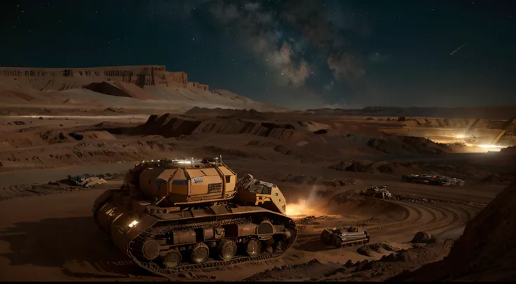 On Mars, a huge, cutting-edge mining excavation machine is at work. Metallic luster texture, mineral conveyor belt, and mining personnel are distributed on the Martian ground. Bright picture, different machines, starry sky, daytime, digging into large mech...