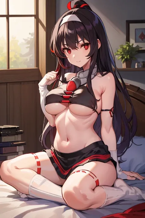 kasumigaokautaha, ((full body)), ((full pose)) utaha kasumigaoka, black hair, hairband, long hair, (red eyes:1.5), masterpiece, best quality, highres, kasumigaoka utaha, 1girl, solo, ((lying)), bed, ((underboob)),((black tank)) medium breasts, blushing, bl...