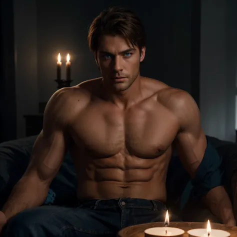 Handsome guy with intense blue eyes is sitting in a completely dark room. Theres a lit candle 30 centimeters away from his face, illuminating his beautiful features. Photorealistic style. 8k resolution. Very detailed. He’s muscular very tall and masculine,...