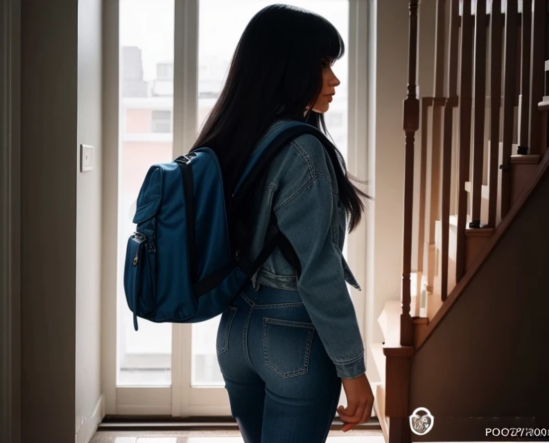 mulher arafada com uma mochila descendo uma escada, com uma mochila, side view of her taking steps, Tirado com Canon 5D MK4, tomada em 2 0 2 0, Tiro em Sony A 7 III, foto de retrato detalhada, Tirada com Canon EOS 5 D Mark IV, uma mochila, mochila, Filmado...