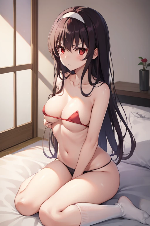 kasumigaokautaha, ((full body)), ((full pose)) utaha kasumigaoka, black hair, hairband, long hair, (red eyes:1.5), masterpiece, best quality, highres, kasumigaoka utaha, 1girl, solo, ((sitting)), bed, ((bare breasts)), no bra, black panties, medium breasts...