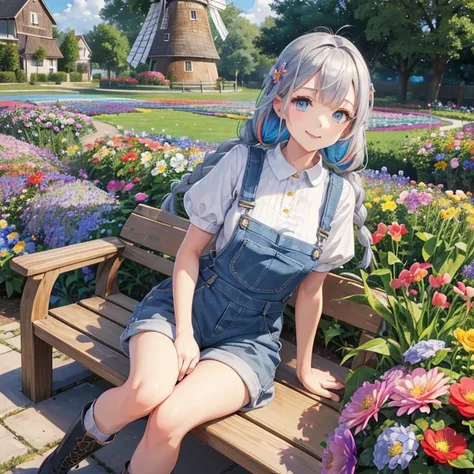 master piece , best quality，wallpaper 8k CG, hyper quality, the best ，1girl,solo，Girl in blue overalls with cable knit pattern – masterpiece 3D rendering with braided hairstyle, bright blue eyes, silver hair color and smile. Top quality Japanese moe illust...