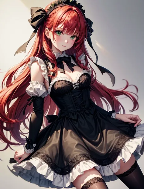 Seraphines fiery red hair is styled in voluminous curls that frame her delicate face. Her emerald-green eyes are accentuated with dark eyeliner and green eyeshadow.
Costume: She opts for a Gothic Lolita maid dress in shades of black and white, with a white...