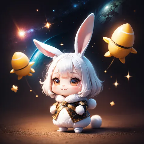 ​masterpiece、top-quality、ultra-detailliert、(chibi character rabbit:1.2)、white fluffy fur、Standing、A smile、magical surreal outer space