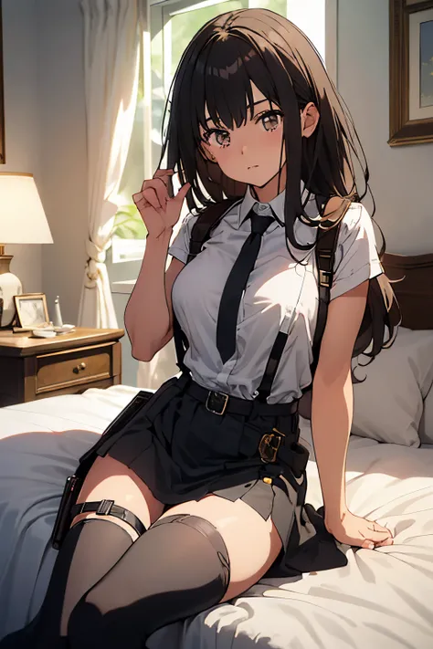 ​masterpiece、flat-colors、depth of fields、lens flare 1 girl、、Brown hair、watching at viewers　　　black suspenders　　　Bulging big breasts　　 　 　　　walls: 　Black miniskirt　garters　　　　　　Gaze　　　Small face　bangss 　　　holster　　Belt Armament　Beautuful Women　srestrained　h...