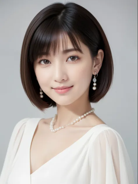 Beautiful 25yo woman。She has a short sleeved chiffon blouse with pure white balloon sleeves、Wearing a short-sleeved dress with a square cut。Gentle smile a little toothy。Smile、Her hair is、Short Bob Hair Straight、(Voluminous short bob、straight haired、On-eyeb...