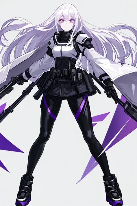 Two-dimensional woman，Long, white, soft hair，bright purple pupils，A white coat and black hard armor.，Black tactical belt hanging bag，Black pants With leggings，Black tactical boots，4K HD level