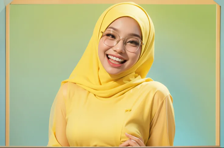 Sexy Malay woman in a light blue baju kurung in front of a yellow background, laughing, dimple, glasses, hijab, mira filzah, full portrait, on a yellow canva, full portrait shot, photo of young malay woman, photo of a woman, potrait, in yellow background, ...