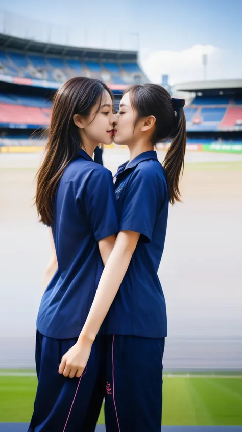 (bestquality,10,10,highres,masterpiece:1.2),ultra-detail,(Realistic,photorealistic portrait,photo-realistic:1.37),1 Cute girl in the football field,oily shiny skin,bara,light smile,BDclothes,((blue shirt:1.3)),short sleeves,shirt, trousers.,(navy_long_Pant...