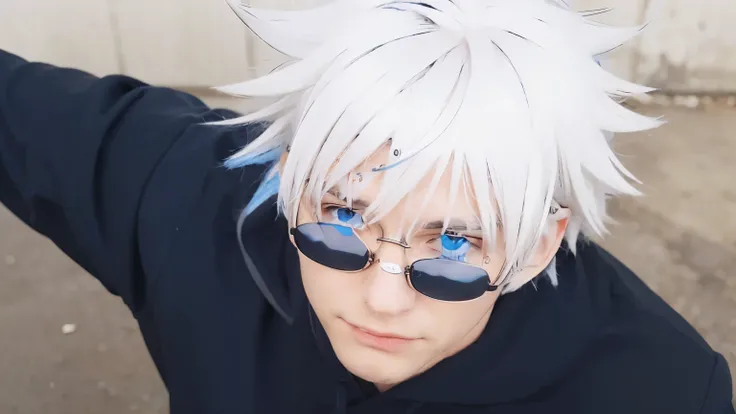 Man, White Hair, Blue Eyes, Black Hoodie, Black Eye Glasses