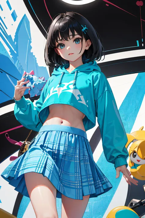 (child)，（​masterpiece，Highest Quality），Crop Top Look，Turquoise Hoodie，(Gingham Check Skirt)，A dark-haired，World of toys