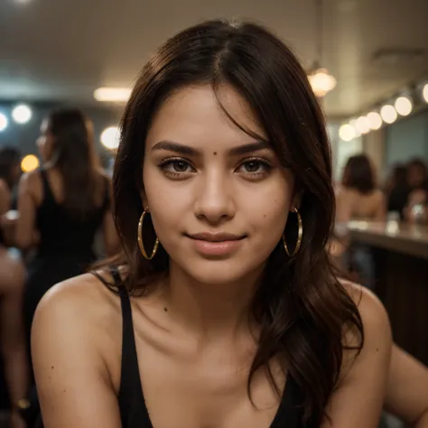 Fully Indian woman, sexy girl with brown eyes, ultra realistic wearing little black dress, gold earrings, dancing with friends in nightclub, highly detailed, 21 years old, innocent face, brown hair, high resolution, masterpiece, best quality, complex detai...