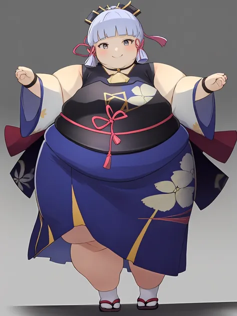 masterpiece, highres, best quality, 1girl solo, fat kamisato_ayaka, big cheeks, smile, kimono, obese body, fat arms, fat belly, thick thighs, sexy obese girl