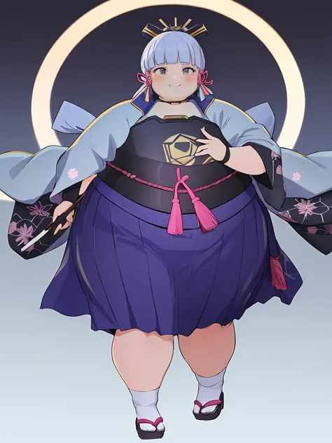 masterpiece, highres, best quality, 1girl solo, fat kamisato_ayaka, big cheeks, smile, kimono, obese body, fat arms, fat belly, thick thighs, sexy obese girl