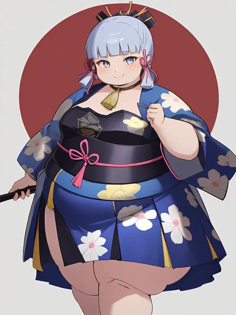 masterpiece, highres, best quality, 1girl solo, fat kamisato_ayaka, big cheeks, smile, kimono, obese body, fat arms, fat belly, thick thighs, sexy obese girl