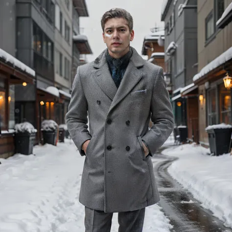 Gentleman, short grey hair, cool, young, winter, fallimg snow, photo realistic, blurred background, full body, well-dressed