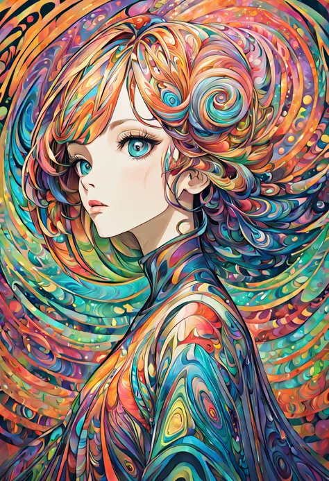 The portrait of beautifull women, highly detailed and textured, with a futuristic style. A swirl décor of psychedelic color