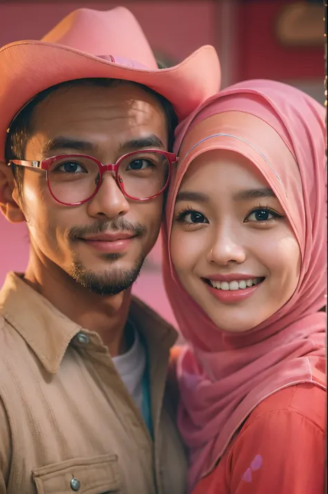 (masterpiece, best quality:1.2), cowboy shot, solo, 1 malay girl and 1 malay man, smile, looking at viewer, hand on hip,girl wear pastel red color hijab, eyewear on head, pastel red cowboy outfit, man behind girl, extreme close up shot, ultra detail, paste...