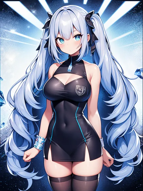 big breasts beautiful， Young woman， In the crystal and ice zone， drifting snow， ride horse， White hours， Gradient hair， Blue hair， blue hairs， twintail hair， eyes reflection， disdain， Ray traching， reflective light， blurry， Glowing light， depth of fields， ...