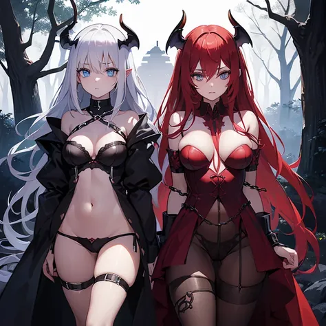 ((1 succubus woman alone)),((Underwear with chains,Transparent underwear))),((very long red and white hair)),((blue eyes, hopeless face)),((stand , 1 arm behind the back)),In a haunted forest, at night,