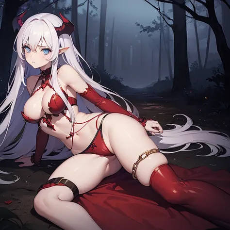 ((1 succubus woman alone)),((Underwear with chains,Transparent underwear))),((very long red and white hair)),((blue eyes, hopeless face)),((stand , 1 arm behind the back)),In a haunted forest, at night,